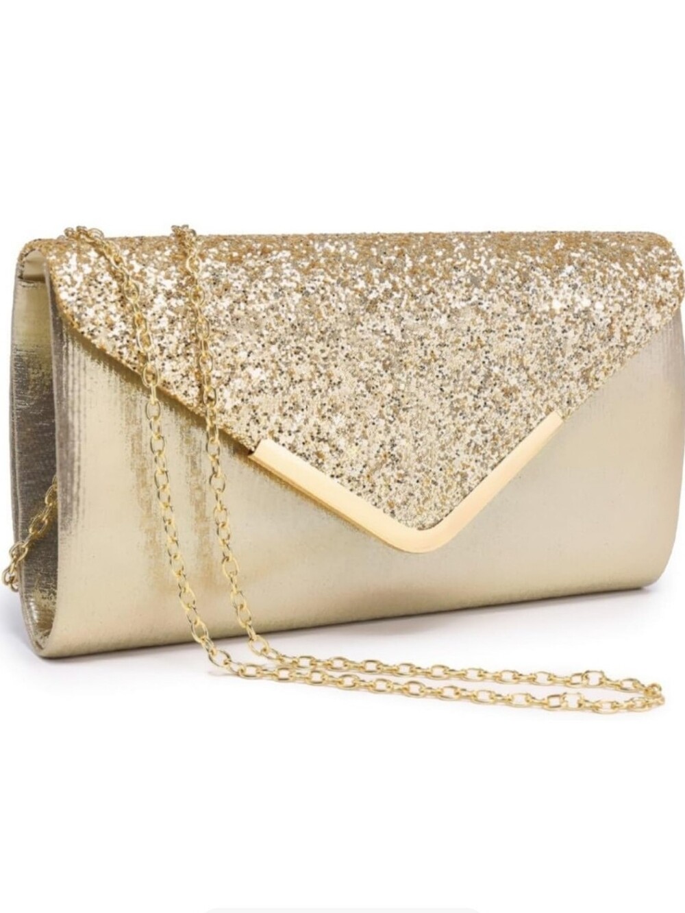 Gold Glitter Envelope Clutch with Chain Strap